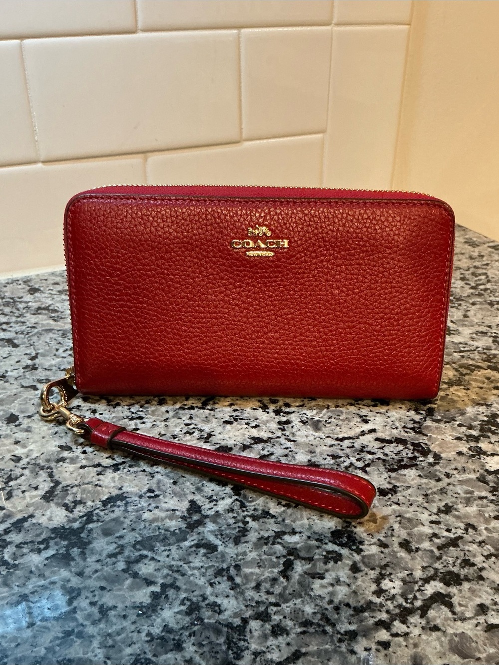 Coach Red Pebbled Leather Zip Wristlet with Gold Hardware C4451